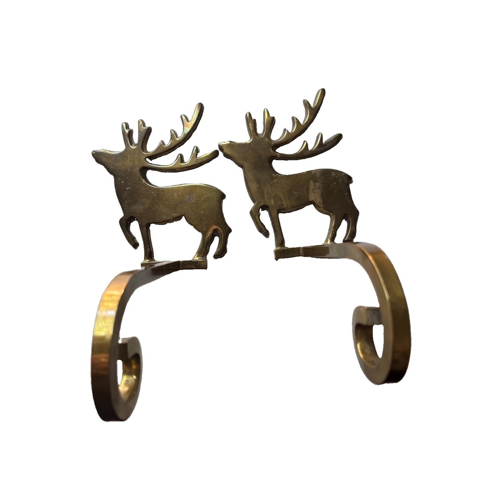 2 VTG Brass Deer Stag Reindeer Stocking Holder Long Arm Christmas Decor